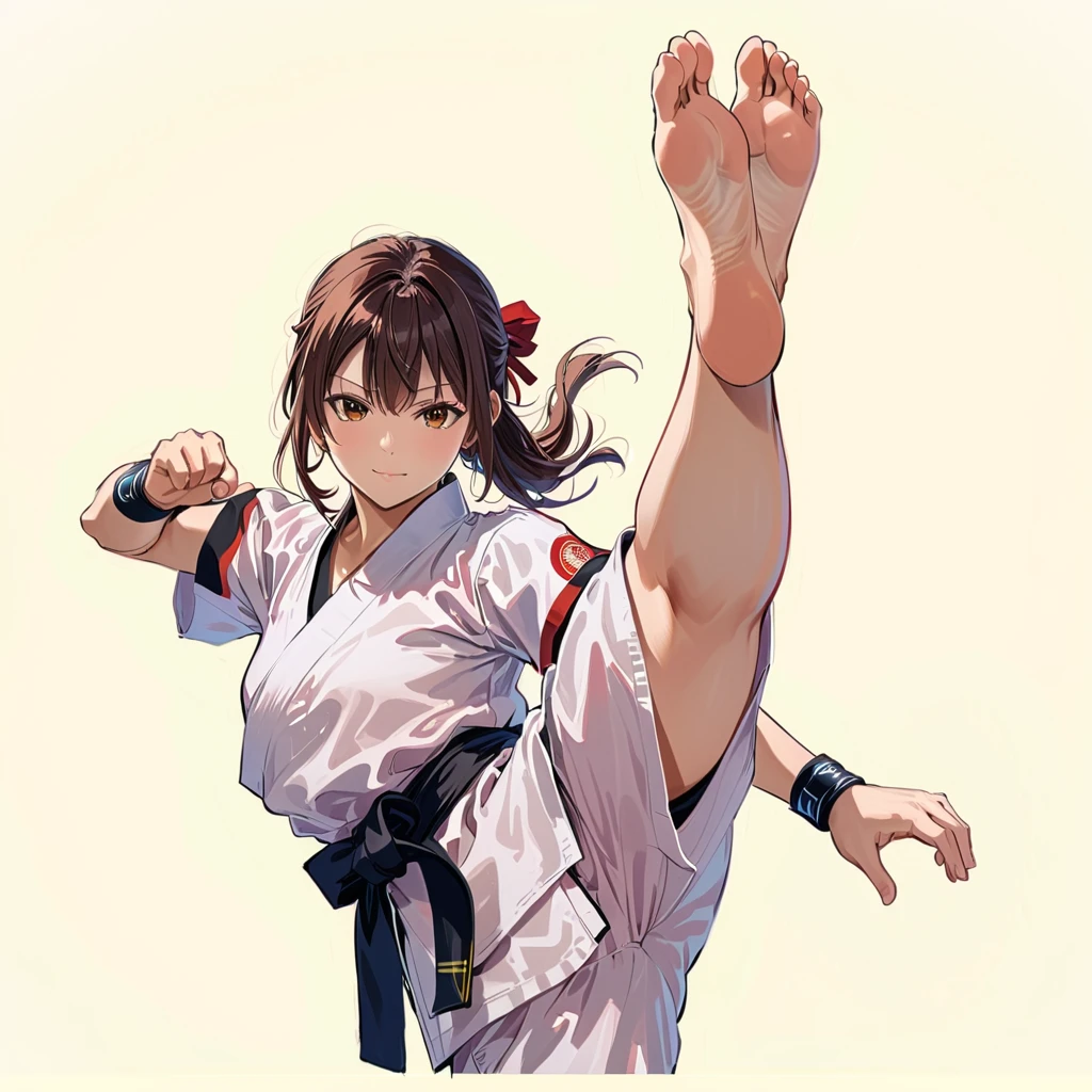 (in style of Takeshi Obata:1.3), suou yuki, wearing karate uniform with short sleeves, wearing sports shorts, standing on one leg, high kick, barefoot, accurate foot, accurate hands, barehands, fighting pose, martial arts, in a dojo, perfect proportions, full body portrait of a girl, (best quality,8K,high resolution,ultra-detailed,masterpiece)