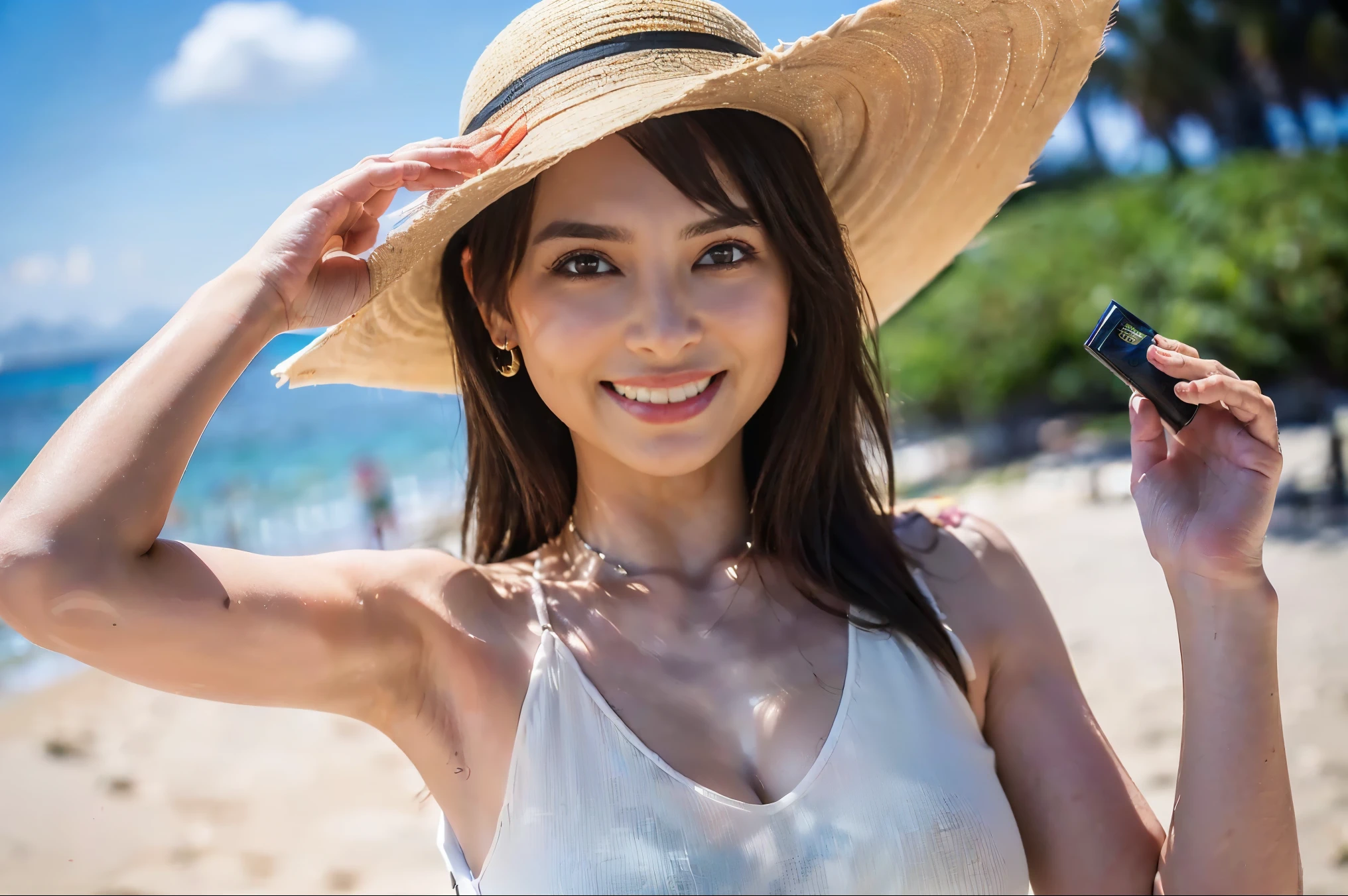 "A realistic portrait (((a single woman named Laura Stevka, She is in Beach Resort. Laura wears a light maxi dress with a sun hat))) Laura has a tight waist and smiles friendly into the camera.(((Kamera Sony FE 24-70mmm f/2.8 GM -ar 3:2)))
