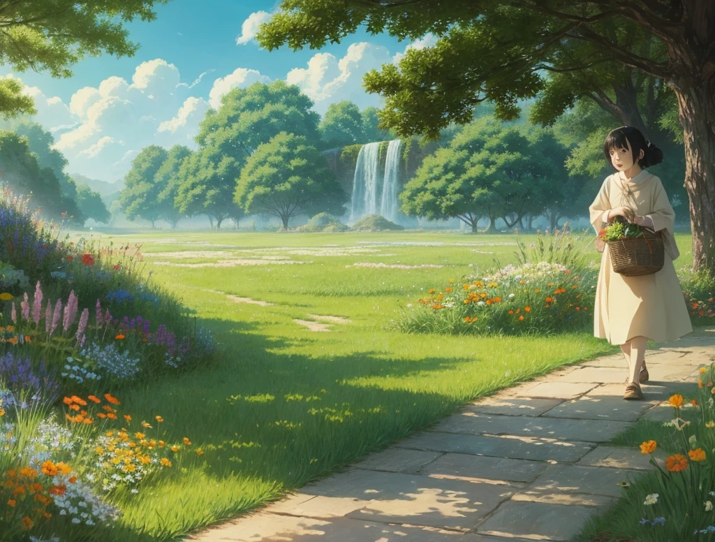 Image Template 1: “Morning Departure”Hayao Miyazaki style. Animation.
1. Background: Lush green meadow with a clear blue sky.
2. Main Characters: An orange and white kitten, Misha.
3. Props: A flower basket.
4. Environmental Details: Soft morning sunlight with dewdrops sparkling on the grass.
5. Colors: Bright and refreshing tones.
Hayao Miyazaki style. Animation.