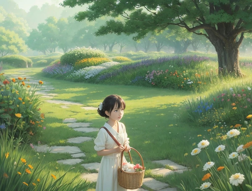 Image Template 1: “Morning Departure”Hayao Miyazaki style. Animation.
1. Background: Lush green meadow with a clear blue sky.
2. Main Characters: An orange and white kitten, Misha.
3. Props: A flower basket.
4. Environmental Details: Soft morning sunlight with dewdrops sparkling on the grass.
5. Colors: Bright and refreshing tones.
Hayao Miyazaki style. Animation.