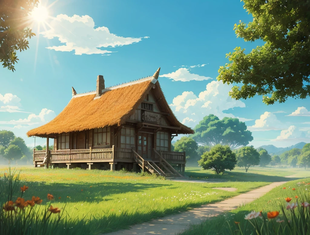 Image Template 1: “Morning Departure”Hayao Miyazaki style. Animation.
1. Background: Lush green meadow with a clear blue sky.
2. Main Characters: An orange and white kitten, Misha.
3. Props: A flower basket.
4. Environmental Details: Soft morning sunlight with dewdrops sparkling on the grass.
5. Colors: Bright and refreshing tones.
Hayao Miyazaki style. Animation.