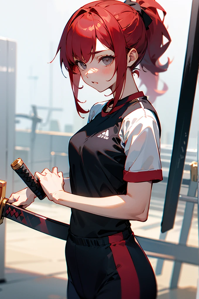 Girl with red hair ponytail and gray eyes, wearing a sword, black gym clothes