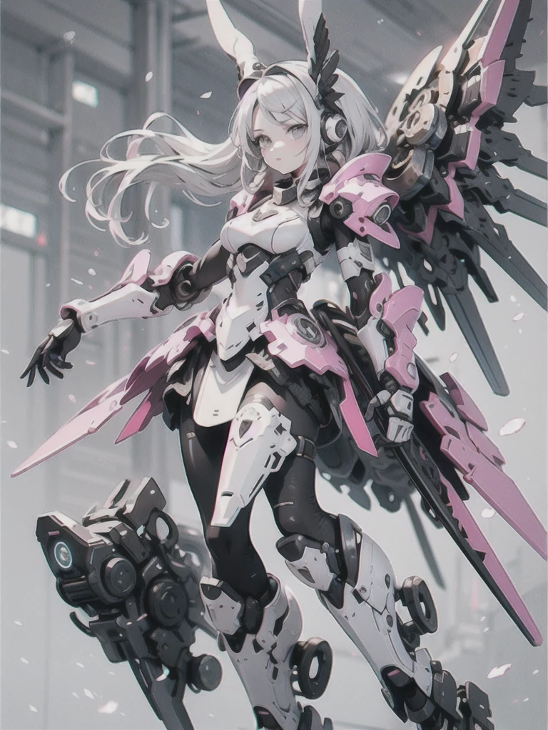 Rabbit ear,  Mechanic, mechanical body,, ultra detailed, masterpiece, best quality, aesthetic, detailed,, serious, 1girl, (white eyes:1.1), (grey eyes:1.3), white hair, very long hair, parted hair, parted bangs, medium breasts,, valkyrie, (bodysuit:1.1), pink wing hair ornament, grey armored skirt, black bodysuit, armor, gauntlets, pink breastplate, greaves, armored dress, pink hues,