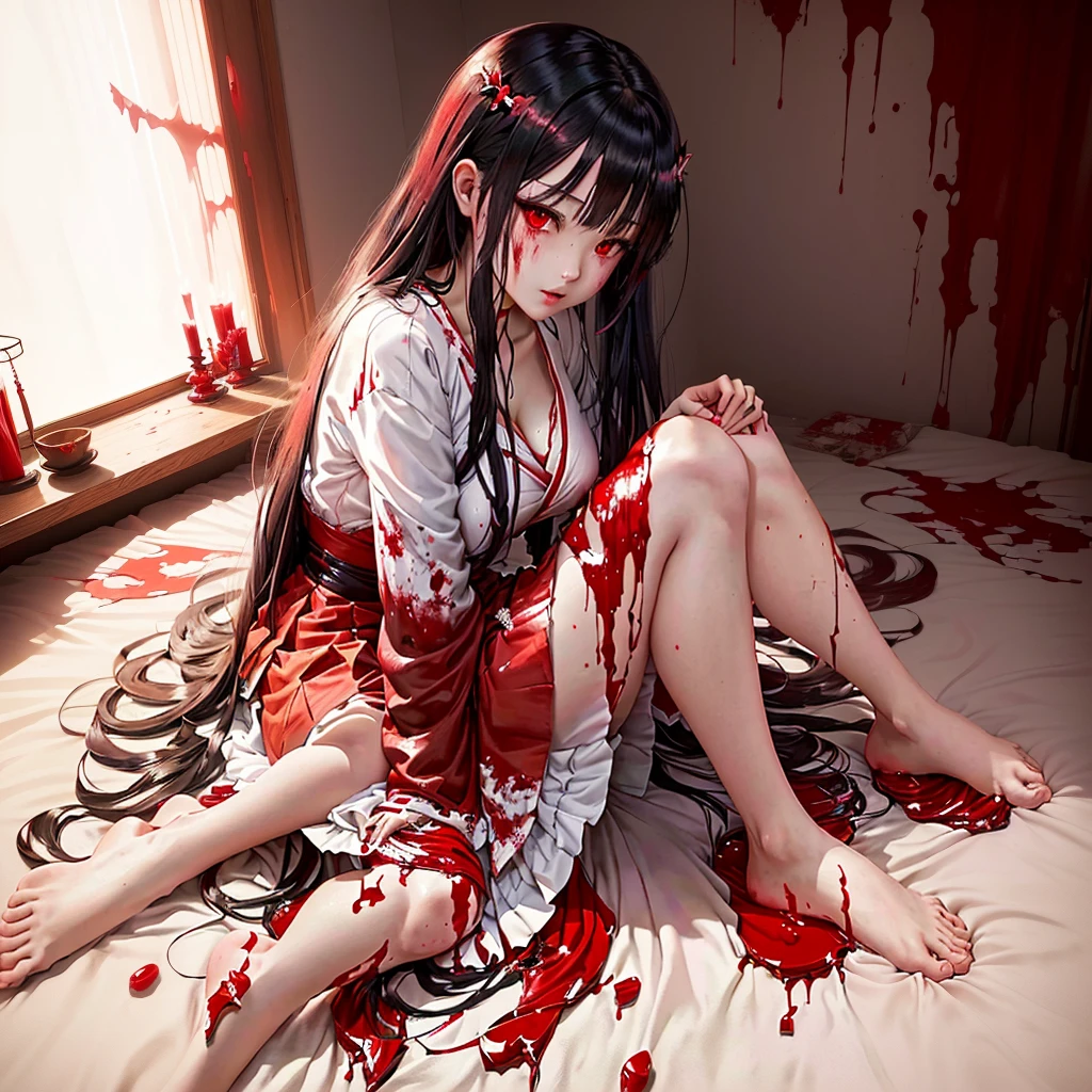 Anime - style image of sitting on bed, Burning, gapmoe Yandere, Anime female full body art, Pale woman covered in blood, Enchanting anime girl, Yandere, gapmoe Yandere grimdark, by Shimo, Covered in red slime, Yandere intricate, On pixiv, nezuko-chan