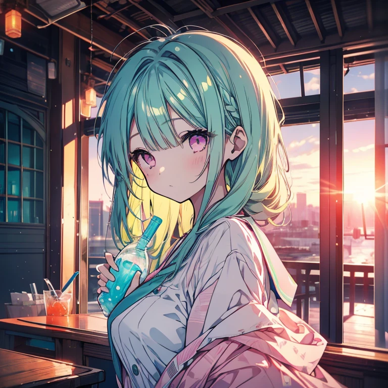 1 girl、Mature、Ample breasts、Long Hair、Mint green hair、Pink Eyes、Sailor suit、Bust-up perspective、Drink ramune、Look to the side、Fleeting、Gentle Sunset、Window、High resolution、Highest quality、