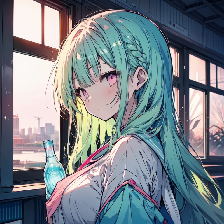 1 girl、Mature、Ample breasts、Long Hair、Mint green hair、Pink Eyes、Sailor suit、Bust-up perspective、Drink ramune、Look to the side、Fleeting、Gentle Sunset、Window、High resolution、Highest quality、