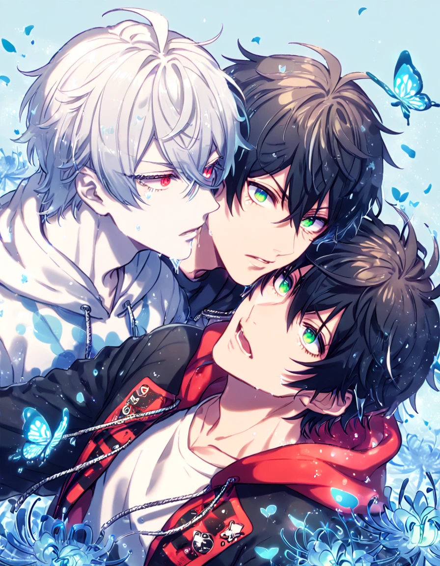 absurd resolution, high resolution, ultra detailed, detailed eyes, extremely detailed, HDR, 8K, Yamada Ichiro, chin length black hair, expressive green eyes, Hypnosis Mic, Aohitsugi Subaru, white hair, expressive red eyes, long eyelashes, black coat, varsity red jacket, white hoodie, two sexy men together, yaoi, gay couple, handsome, fantasy, cool, magical, blue glittering butterflies, blue dust flying around, blue spider lilies, blue petals, blue lanterns, icy, cold, blue blossoms, blue sky