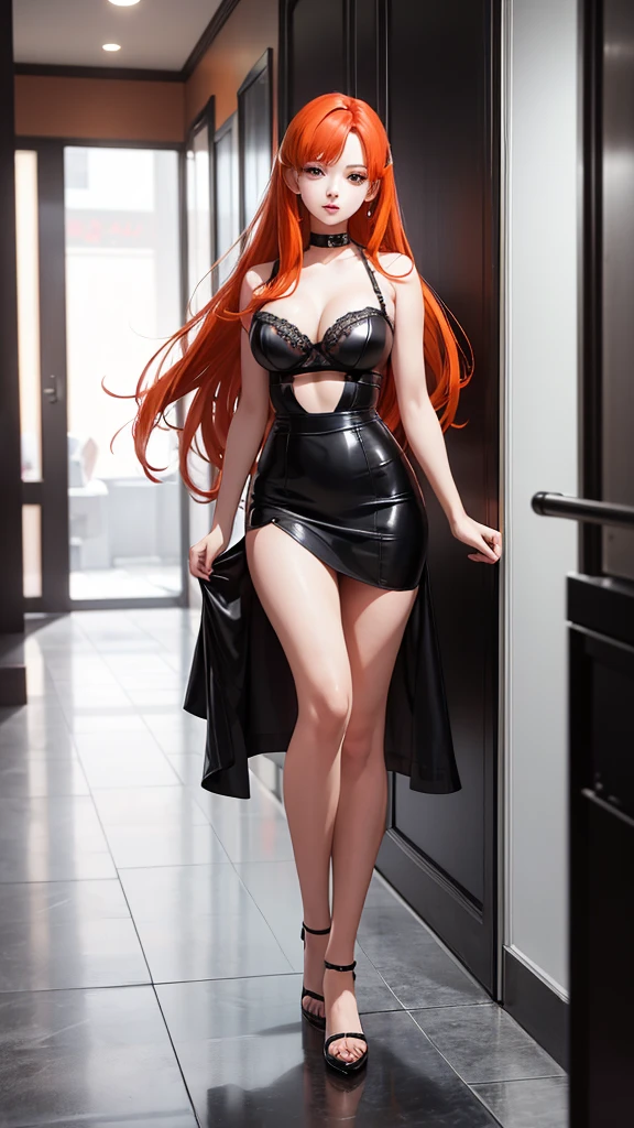 high resolution、One person、Adult women、sexy、Black bustier、Black tight skirt、Red Heels、Pale orange hair、Character portrait、