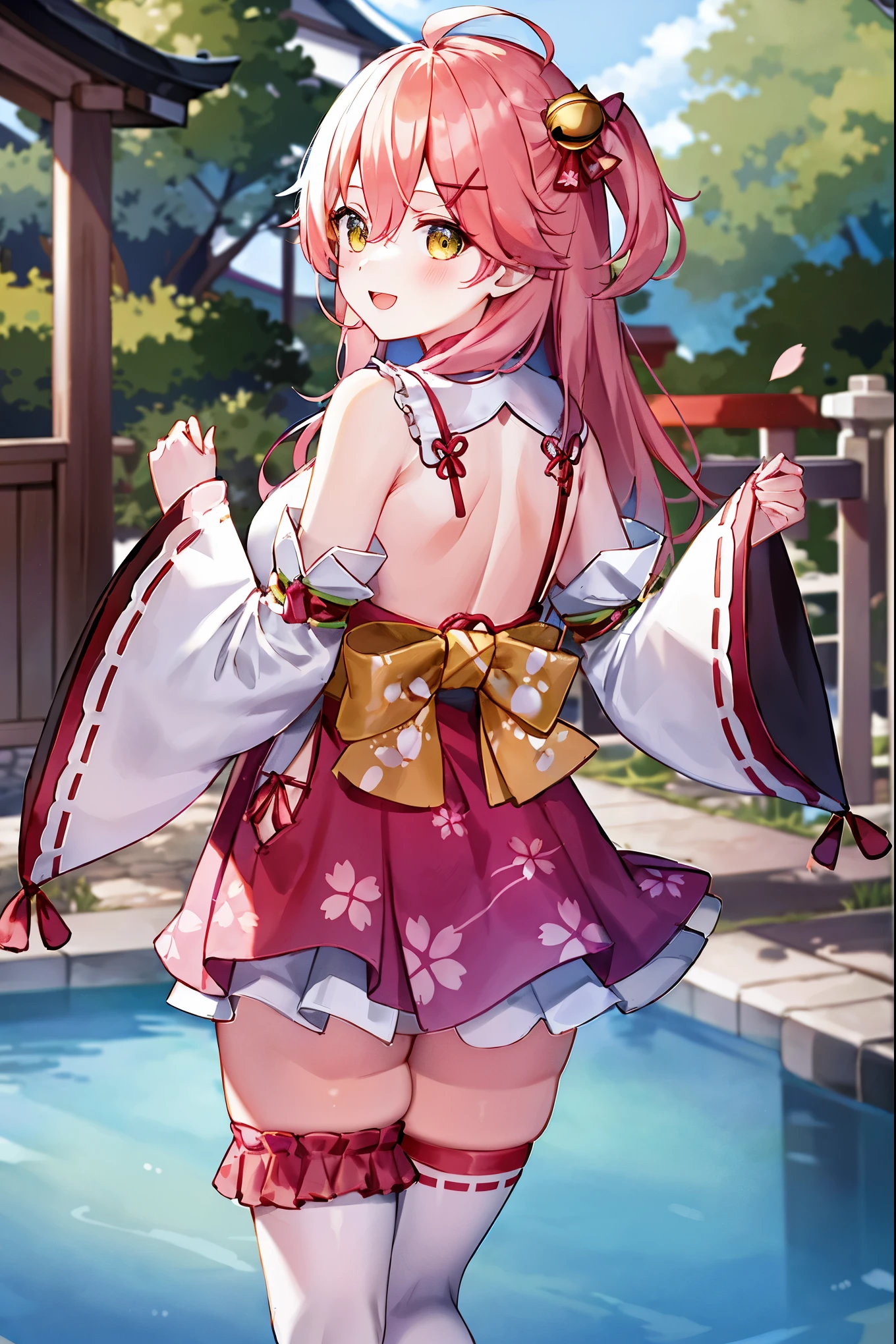 masterpiece, best quality, highres, miko1, sakura_miko, 1girl, big_boobs, solo, ahoge, x_hair_ornament, pink_hair, floral print, hairclip,(side_less_clothes:1.5), (side_boobs:1.5), hair_bell, floral print, long_hair, hair between eyes, one side up, white thighhighs, asymmetrical legwear, wide sleeves, open_mouth,(happy:1.3),gleen_eyes,big_smile,(rise_leg:1.3),plump,apart_legs,(overly_long_sleeves:1.3),),sleeves_past_wrists,hands_hidden_sleeves,sidelock_clothes,dynamic_posing,solo,hidden_wrists,(XD:1.4),covered_nipples,sunlight,cherryblossom_temple_landscape_background,