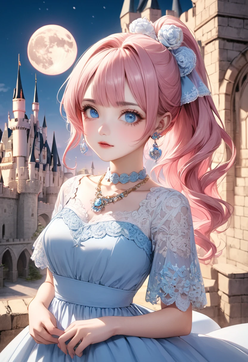 1 female Pink hair ponytail Thin pink eyebrows Dull light blue eyes society A long pastel blue dress with lots of lace Inside the castle full moon hair ornaments Earrings and matching necklace