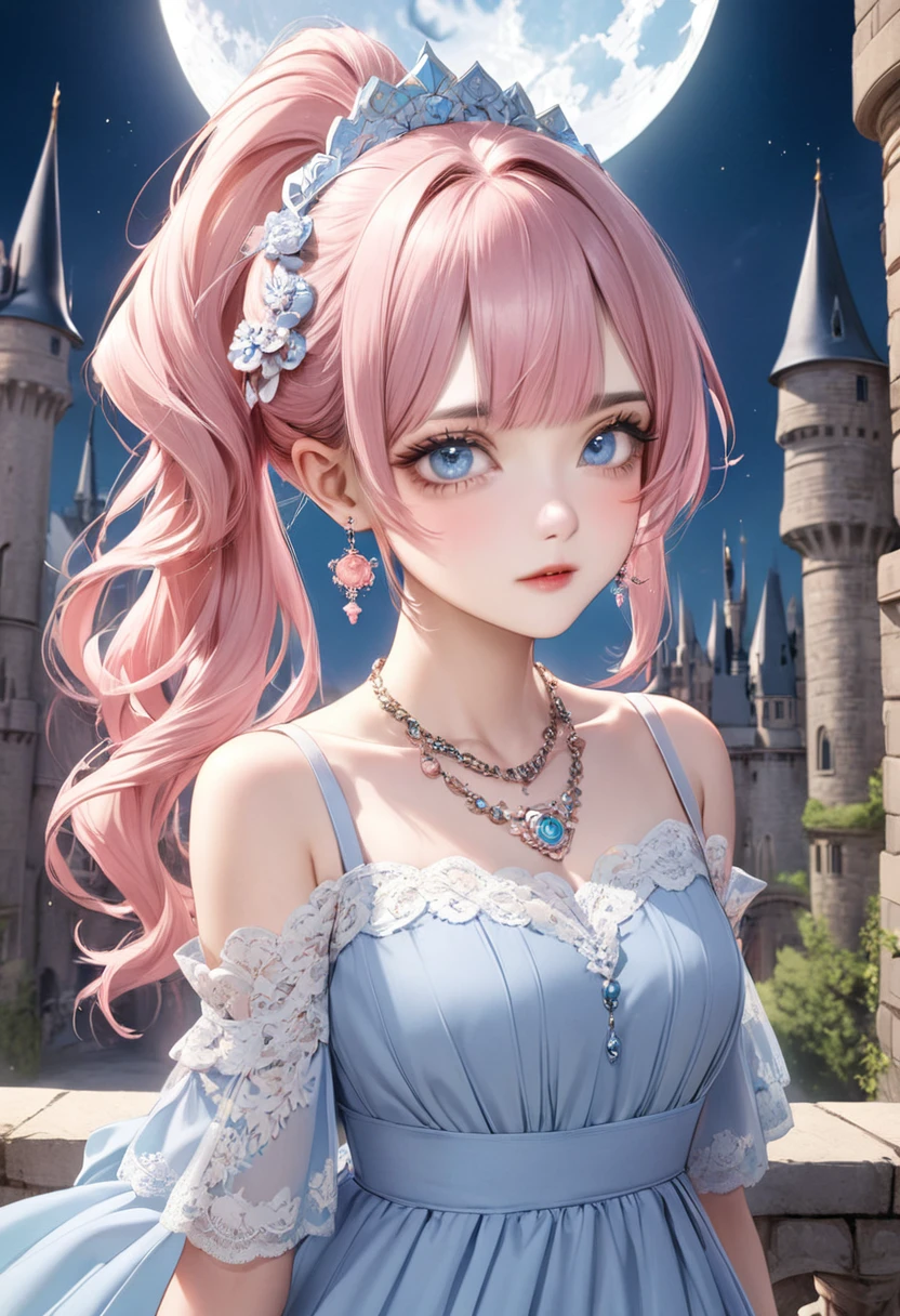 1 female Pink hair ponytail Thin pink eyebrows Dull light blue eyes society A long pastel blue dress with lots of lace Inside the castle full moon hair ornaments Earrings and matching necklace