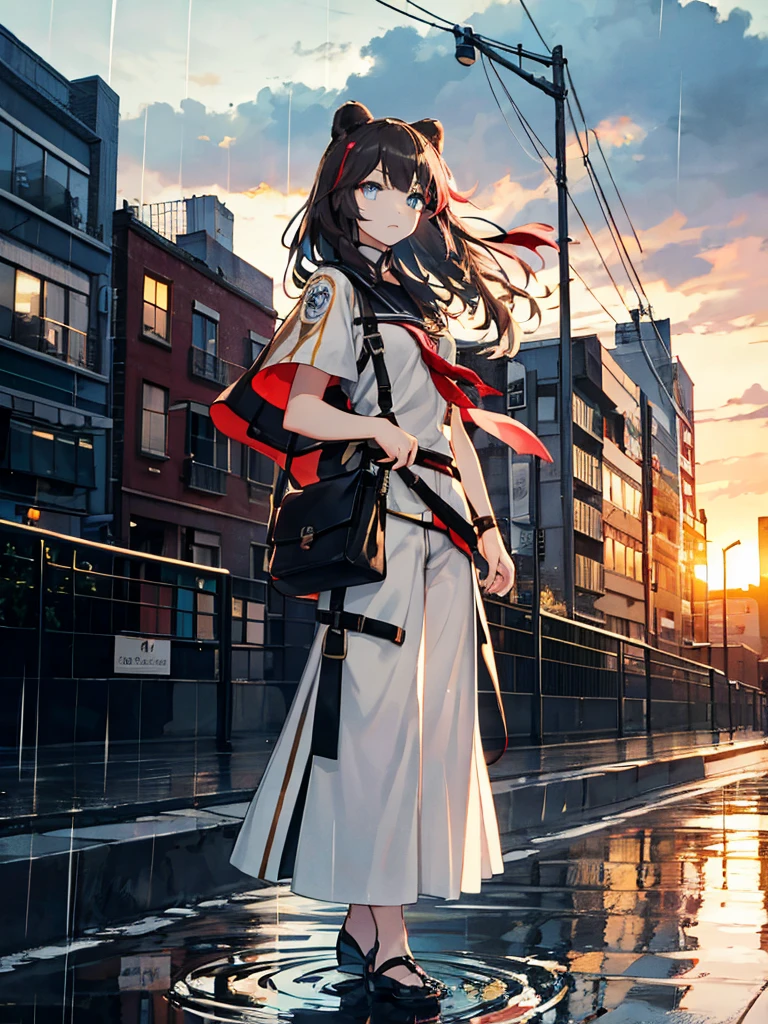 A masterpiece, best quality, Illustration style，bust，
turn off_arknights， Anime Girl, beautiful eyes, summer, Wide leg pants, ，small, Heartwarming, Youthful and beautiful,, Black and white,, showing a natural casual style. Dynamic posture contains the golden ratio, Large aperture portrait, White space, Strong contrast between light and shadow, Super texture, Super clear and concise pictures, presenting extremely beautiful, Elegant temperament, subtle facial expressions, City background, rain, Road area water reflection，one person