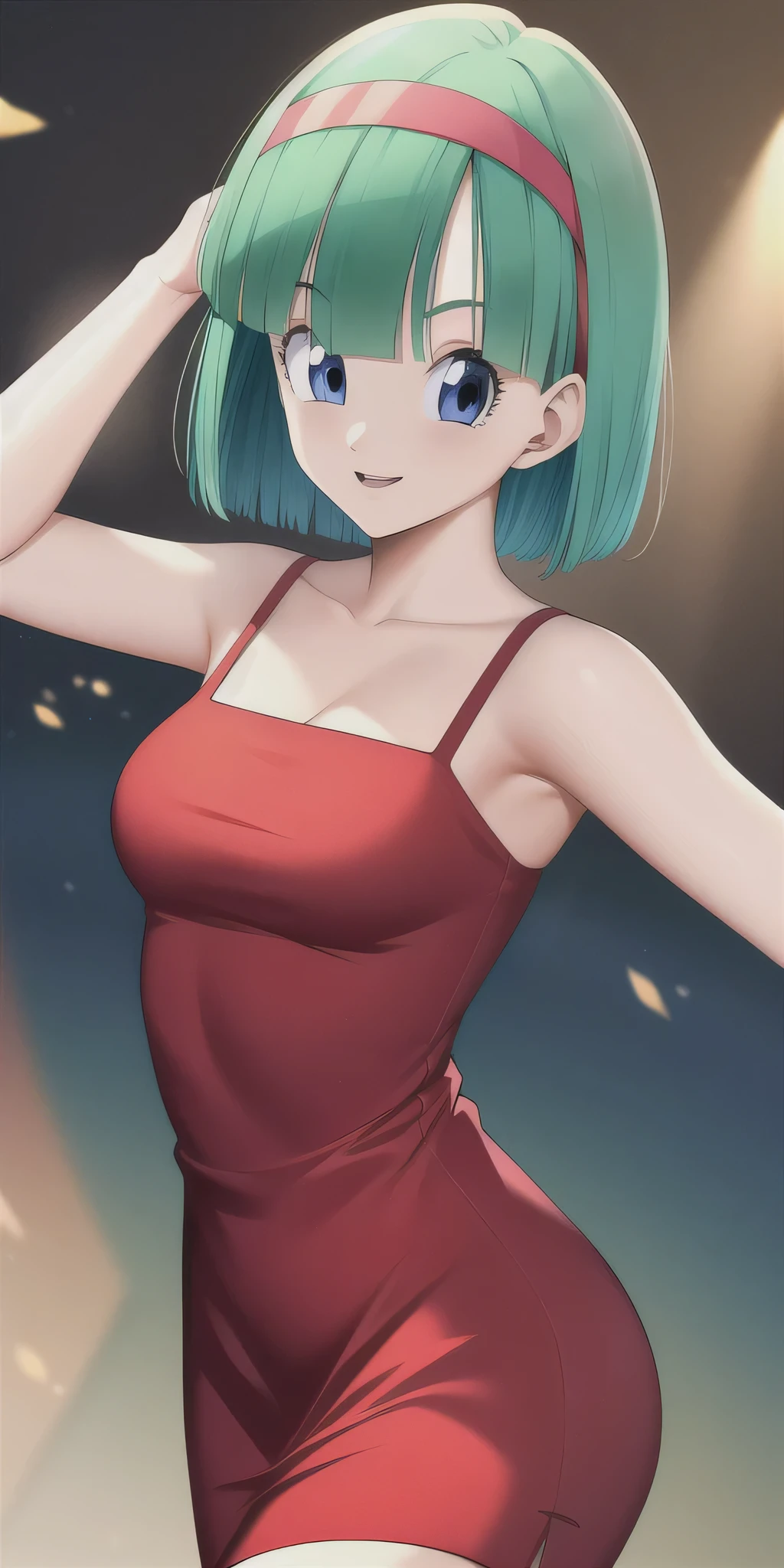 buruma_brief_older, buruma_dbz_namek, standing, solo, medium_breasts, masterpiece, best quality, detailed face, detailed eyes, highres, red dress, taut dress, spaghetti strap red dress, sleeveless, light smile