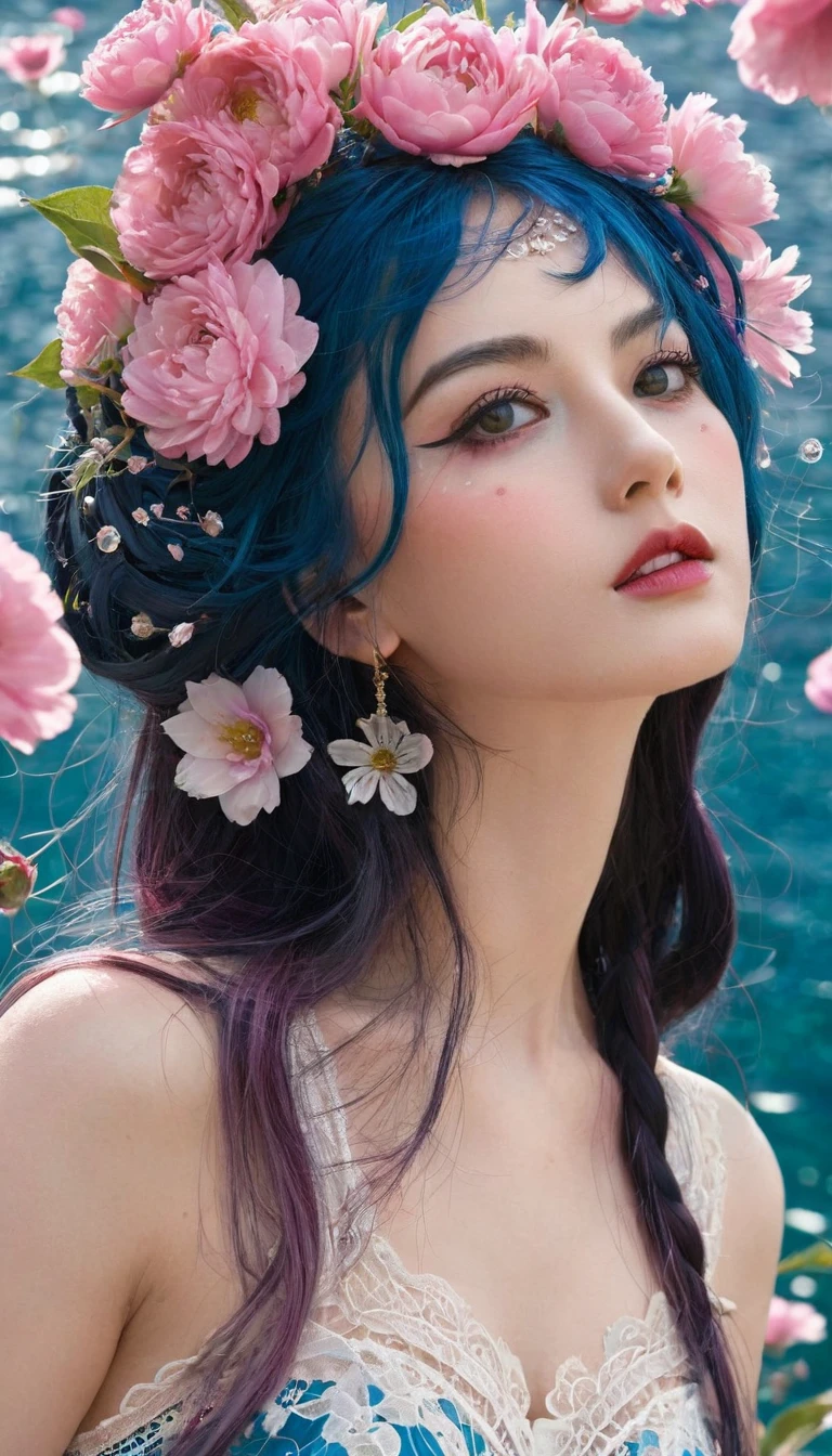 ( absurd , high quality , Extremely detailed, careful hand )Constellation - Cancer Goddess , Similar to Latin goodness , clever, cunning, reasonable, strong-willed face , Mature , tenacious, Moody, Irritability, Sexual style , Ocean blue eyes(Eye details), Long hair , Dark pink hair , Transparent dress , Lace underwear, In a sea of blooming flowers , whole body , Innocent Makeup ,