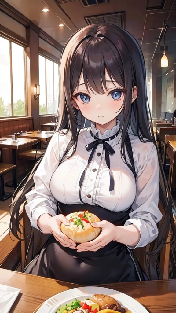 sitting in a booth at a restaurant、Beautiful and confident girl, There is a big meal in front of her., Feast, Sitting at the table, Her table is filled with dozens of plates of food., She eats a lot, She is hungry, Distended belly, Her dress is tight around her stomach,