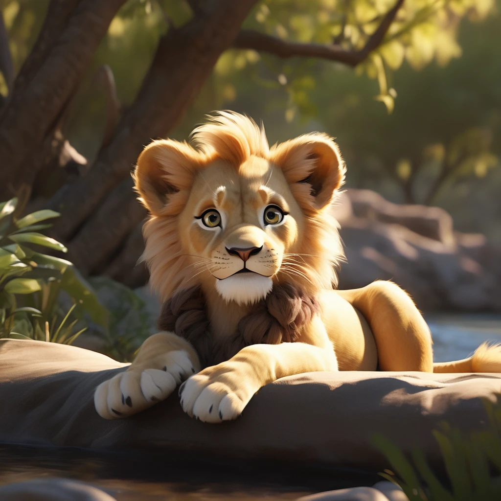 chibi pixar artistry, artistry, cute chibi lion, Porret of the cute chibi lion , beautiful detailed eyes, big luminous eyes, ssmile, smooth light, intrikate, skin detailed, soft shades, low-contrast, soft cinematic light, cold edge lighting, lying by the river in the shade of a tree, peacefully