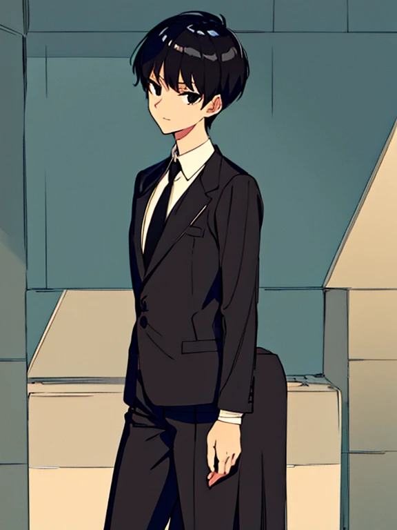 high quality, man, short hair, black hair, black eyes, shiny skin, tall, skinny, suit, necktie, 20-year-old, looking at viewer, delicate facial features、fullbody