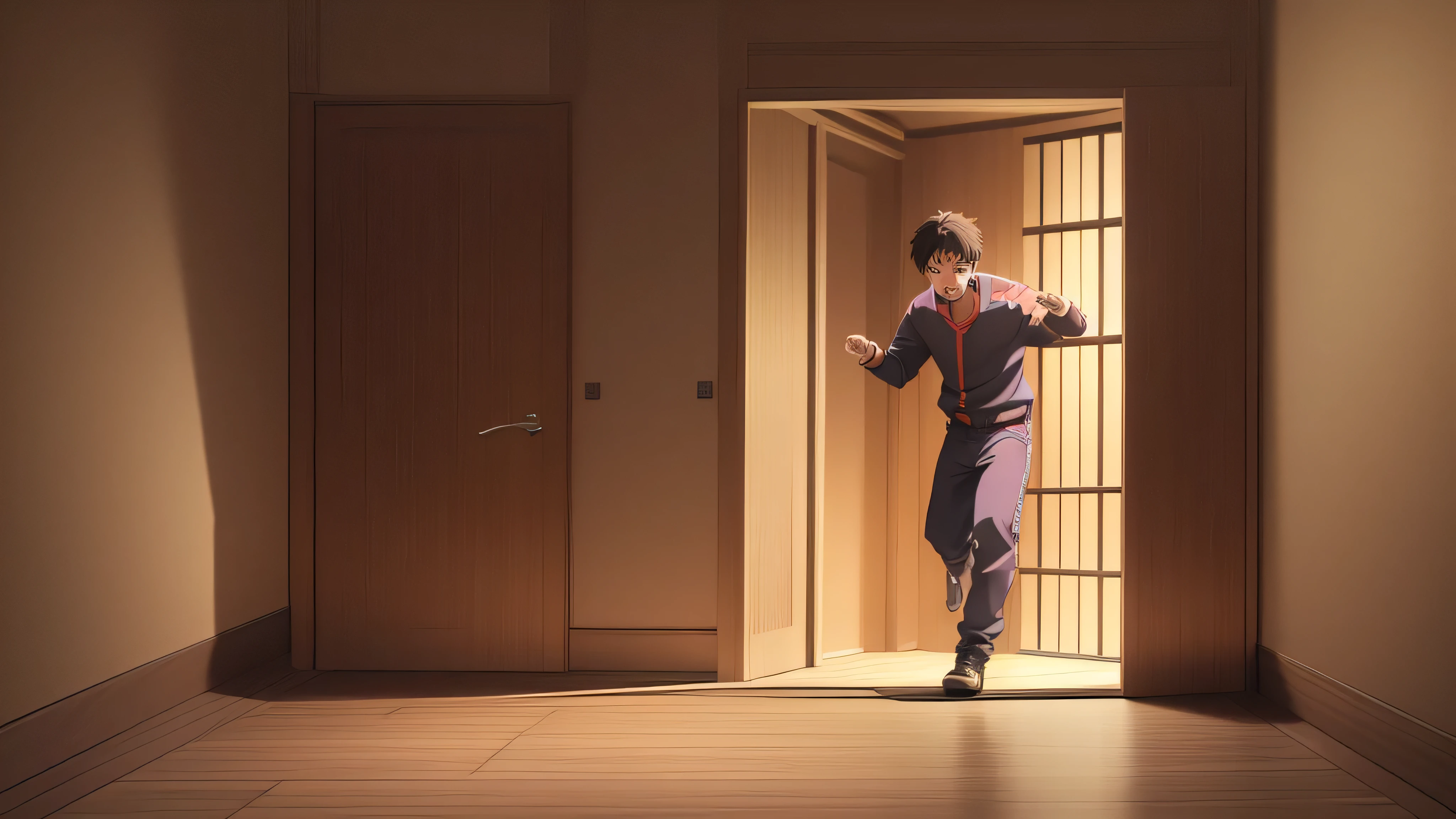 a boy just enters the house, extremely scared, terrified, shocked,detailed anime style, 8k, ultra-detailed, photorealistic, hyper-realistic, dramatic lighting, vivid colors, masterpiece