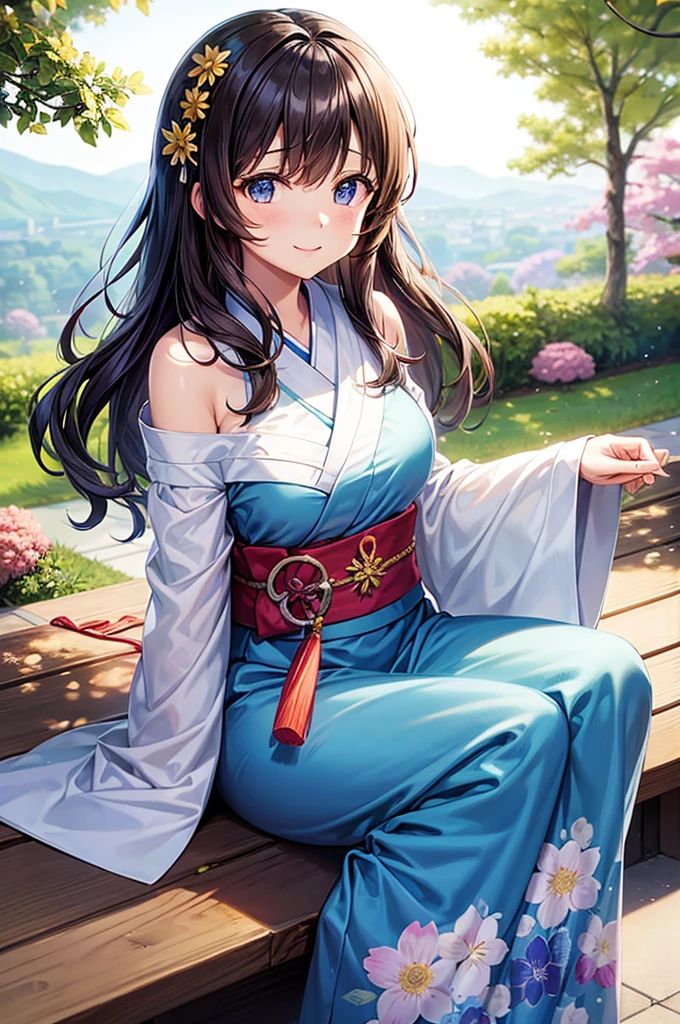 mayu kuroe,sound of euphonium,blue eyes,japanese flower print yukata,flower garden,Japanese style hair ornaments,smile