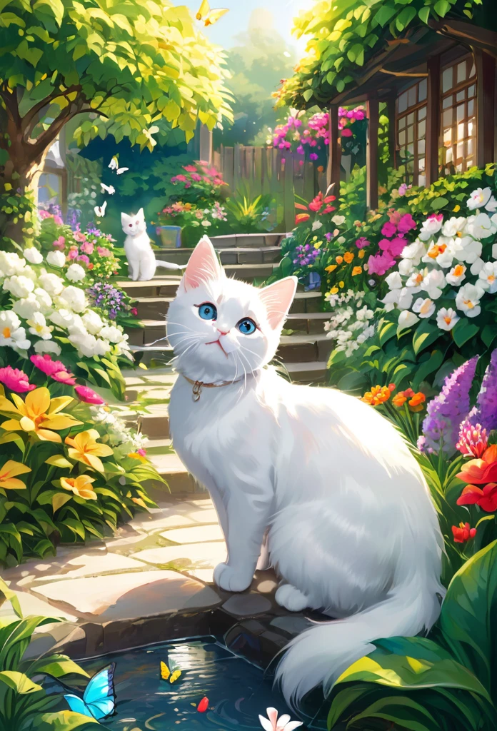 This scene is very fascinating。A girl and a white kitten are in a beautiful garden。 The girl is looking at the white kitten with amusement。The white kitten is having fun trying to catch a butterfly。 The garden is decorated with lush greenery and colorful flowers.。The garden is bathed in spring sunlight, giving it a warm glow.。A bright number of people surround a white kitten々Butterflies are flying。The flying butterflies create a lively atmosphere.。 The white kitten is expressive、The detailed fur and unique folded ears add to its charm.。The gardens are beautifully maintained、Neatly trimmed bushes and々Various plants are arranged。The stream&#39;s crystal clear water reflects the serene environment.、Colorful facade of house in the distance々adds a bit of whimsy to the scene.。 The scene has an atmosphere of tranquility and contemplation.、Expressing the world of high fantasy。Guardian nebula of rainbow light and silvery vapor、The colors of the Corrosive Encirclement Ray family fill the sky、There is a slimy feeling in the air.。A beautiful piece of artwork that exudes a mysterious aura.。