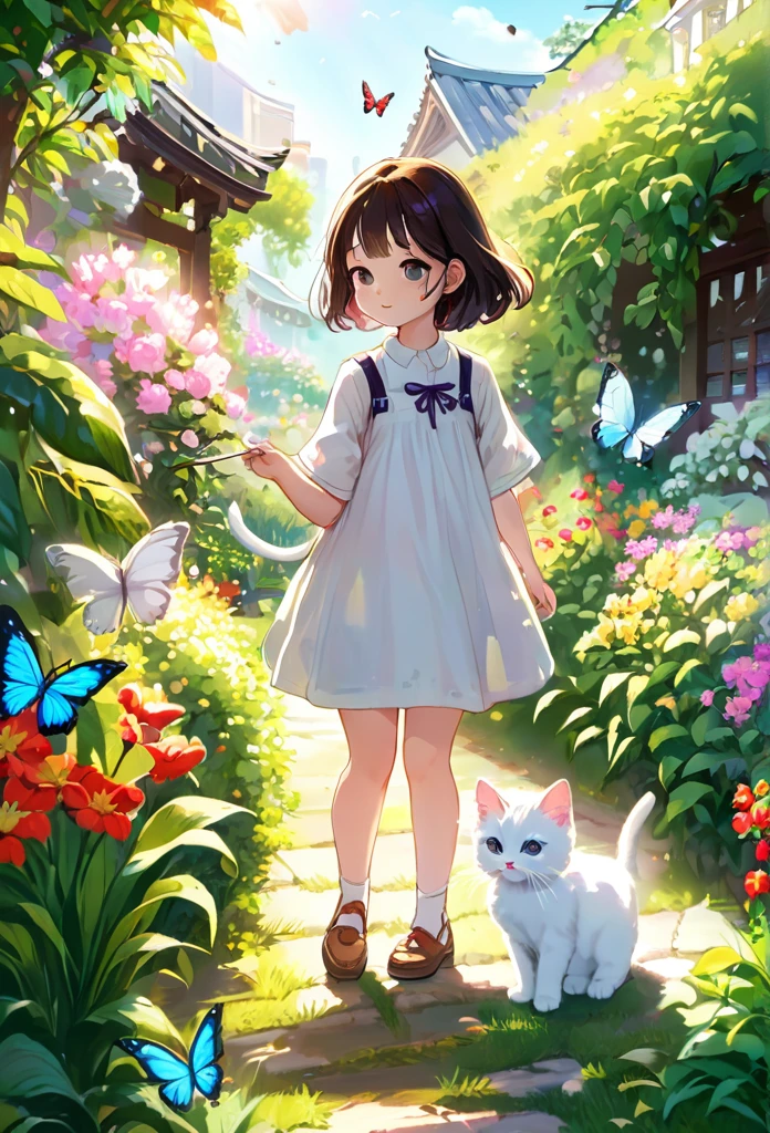 This scene is very fascinating。A girl and a white kitten are in a beautiful garden。 The girl is looking at the white kitten with amusement。The white kitten is having fun trying to catch a butterfly。 The garden is decorated with lush greenery and colorful flowers.。The garden is bathed in spring sunlight, giving it a warm glow.。A bright number of people surround a white kitten々Butterflies are flying。The flying butterflies create a lively atmosphere.。 The white kitten is expressive、The detailed fur and unique folded ears add to its charm.。The gardens are beautifully maintained、Neatly trimmed bushes and々Various plants are arranged。The stream&#39;s crystal clear water reflects the serene environment.、Colorful facade of house in the distance々adds a bit of whimsy to the scene.。 The scene has an atmosphere of tranquility and contemplation.、Expressing the world of high fantasy。Guardian nebula of rainbow light and silvery vapor、The colors of the Corrosive Encirclement Ray family fill the sky、There is a slimy feeling in the air.。A beautiful piece of artwork that exudes a mysterious aura.。