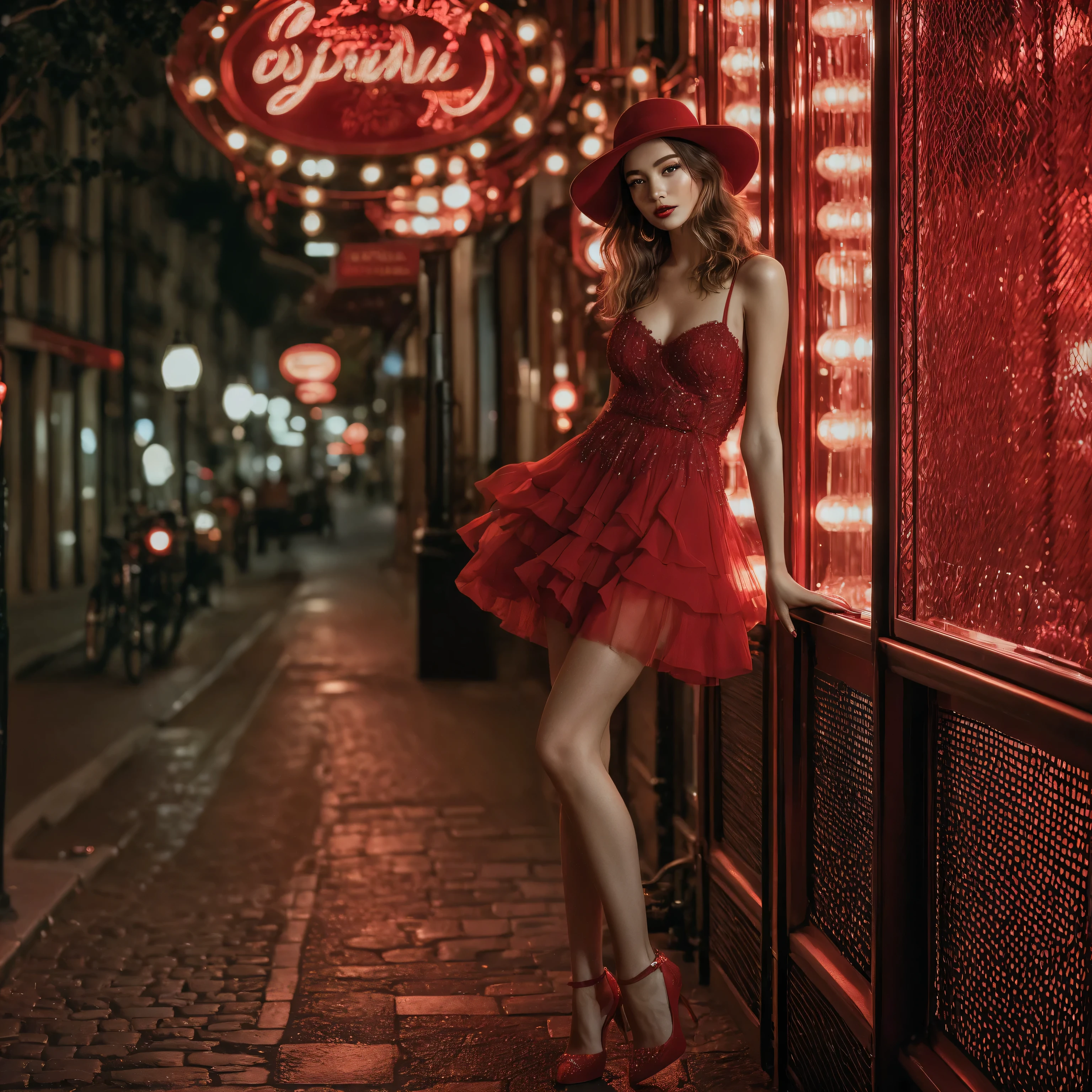 A stylish young woman in a red dress and matching hat poses confidently on a Parisian side street at night, bathed in the warm glow of neon lights. The cobblestone
