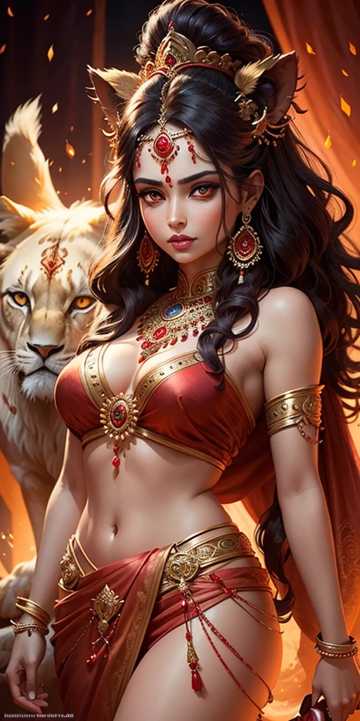 a beautiful hindu goddess, detailed face HD, piercing eyes, full lips, long flowing dark red sari, holding a trishul, a majestic lion nearby, intricate jewelry, glowing ethereal aura, highly detailed, photorealistic, dramatic lighting, vibrant colors, ornate background, digital art HD 8k quality beautiful face full HD