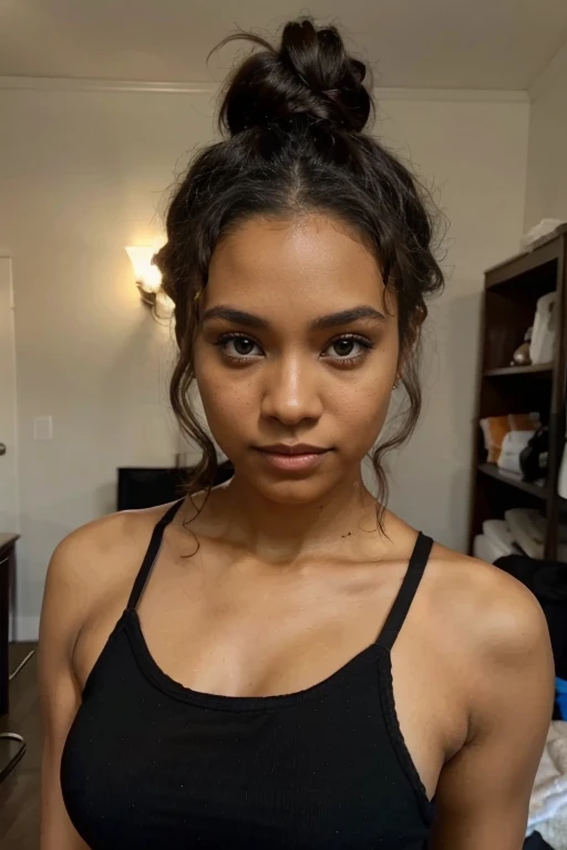 One minute video of a black woman with brown eyes and frizzy hair in a bun