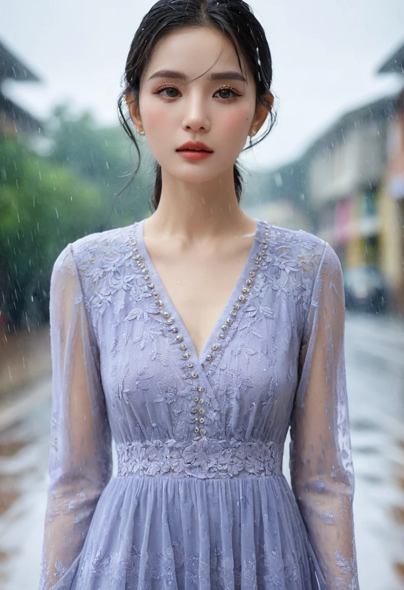 ((best quality, 8K, Lace maxi dress, Standing in the rain, , Highly detailed face and skin textures, Delicate eyes, Double eyelids.)
