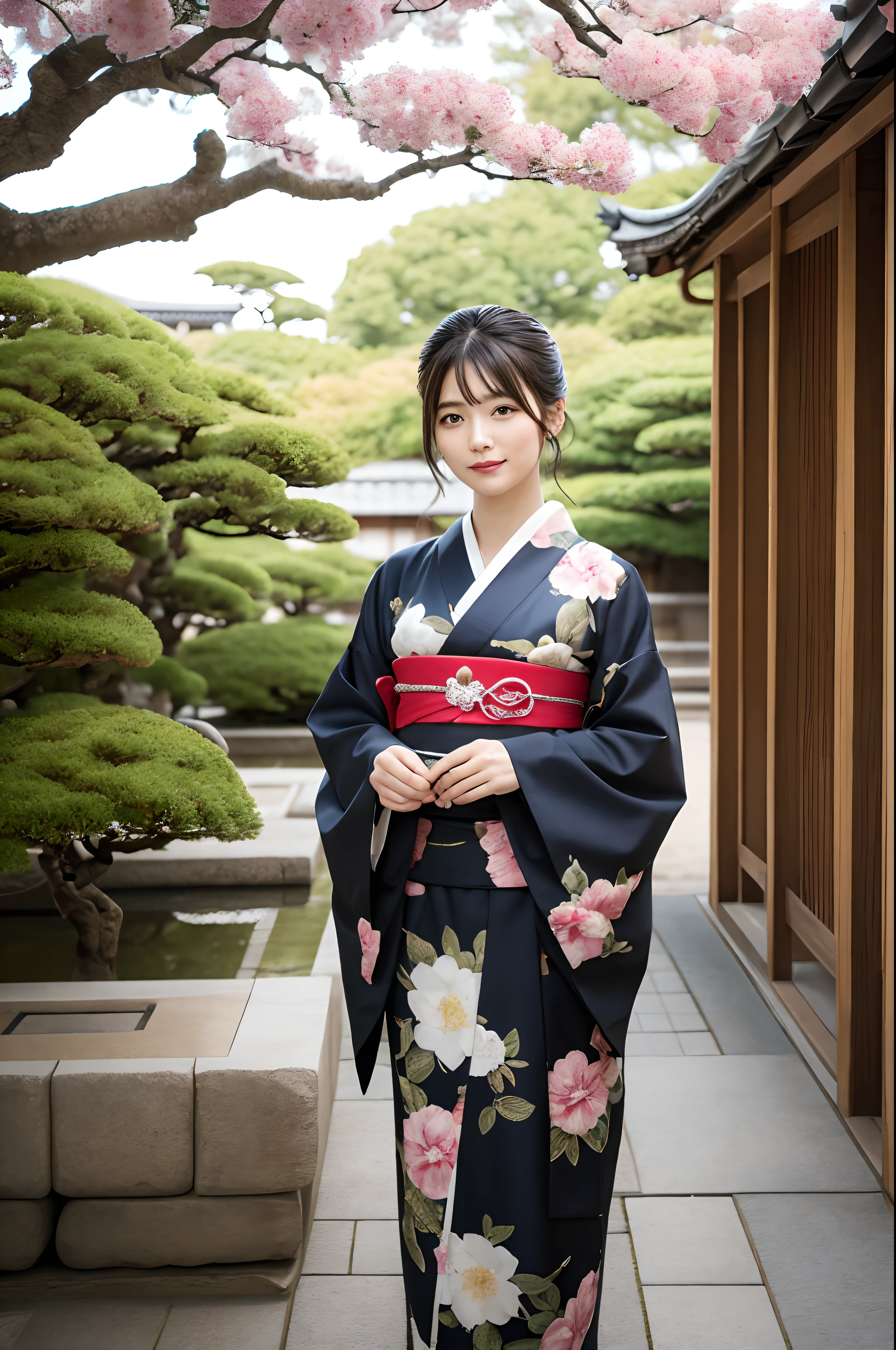 masterpiece, best quality, ((1 woman)), illustration, Super detailed, fine details, High resolution, 8K quality wallpaper, Perfect dynamic composition, Beautiful and delicate eyes, kimono, 勻稱的kimono外觀, (black shorthair cat), Smile, looking at camera, Kyoto Taisho Movie Village, Japan Castle Town, Japanese garden, Tea Room, Tea ceremony etiquette