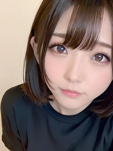 White wall、Close-up of an 18 year old woman in a black t-shirt、Roll up your tops、((Dark Eyes))、A faint smile、Medium Short Hair、Yoshitomo Nara, shikamimi, Chiho, mayuri shiina, A real young gravure idol, beast, , Kotegawa Yui, 8k、narumi kakinouchi