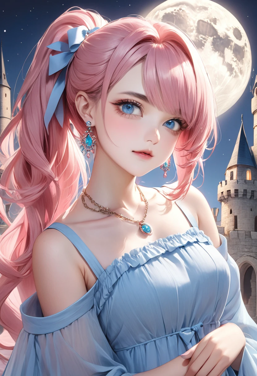 1 female Pink hair ponytail Thin pink eyebrows Dull light blue eyes society Pastel blue long dress Inside the castle full moon hair ornaments Earrings and matching necklace
