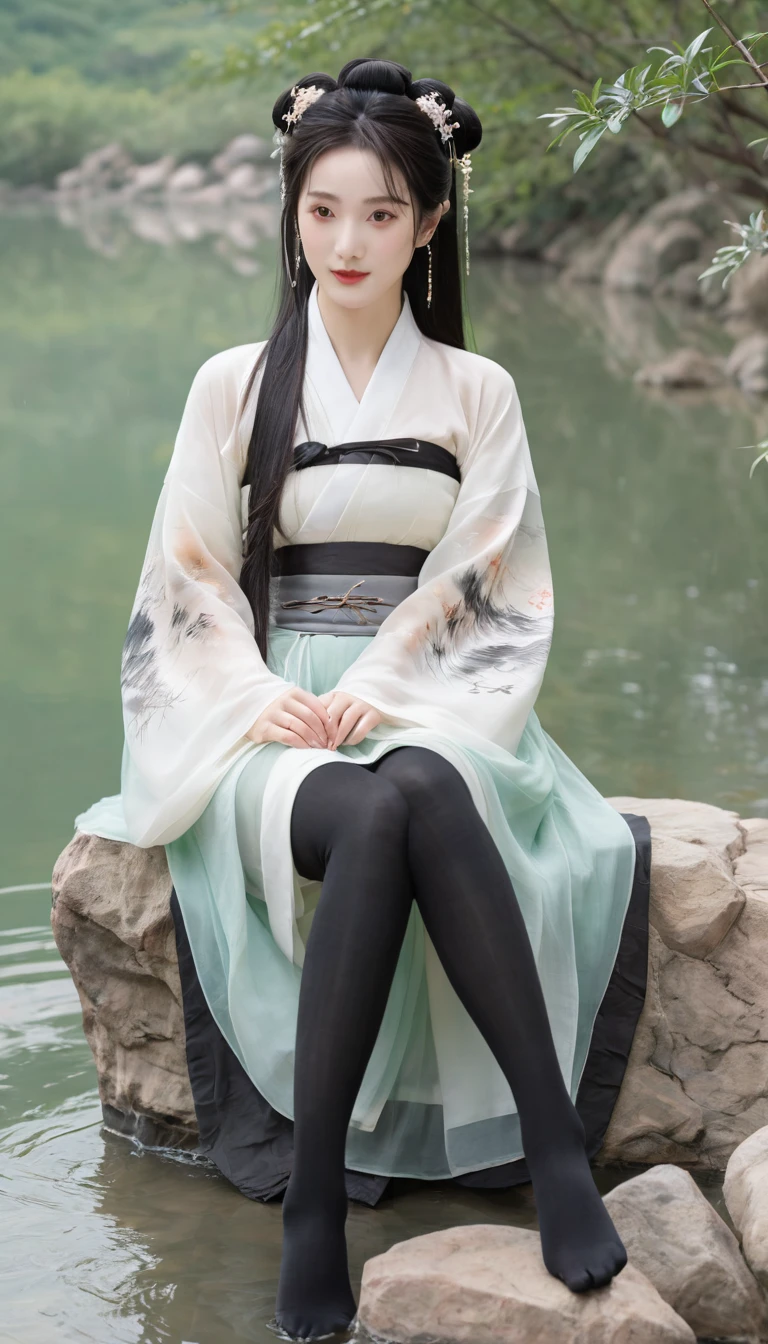 8k, masterpiece, best quality, two-dimensional, (Chinese traditional ink painting:0.2), (perfect hands:1.4), stockings,Wearing hanfu,The stockings on the legs are exposed,River in the background,koyama,Small animals