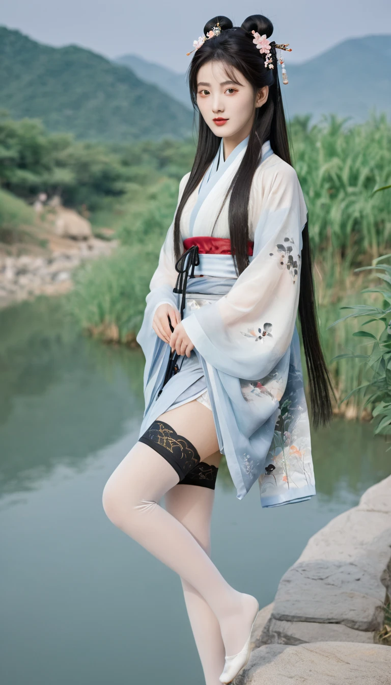 8k, masterpiece, best quality, two-dimensional, (Chinese traditional ink painting:0.2), (perfect hands:1.4), stockings,Wearing hanfu,The stockings on the legs are exposed,River in the background,koyama,Small animals