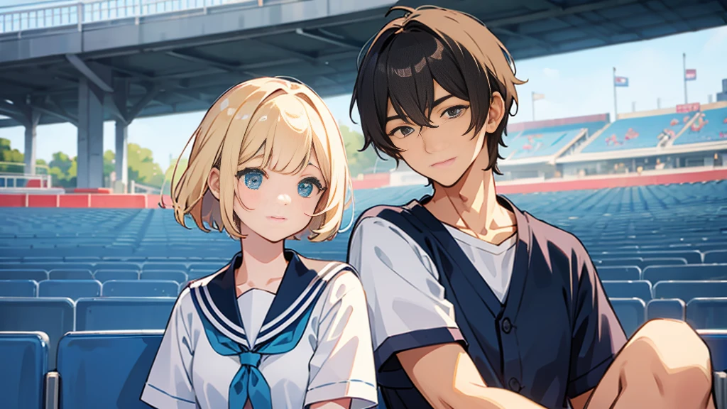 The background is the seats at an outdoor baseball stadium in midsummer.、Upper body of a duo of a man and a woman wearing summer sailor uniforms２shot。The first person is a woman who is short, , and cute with short, straight blonde bangs.。The second man is a handsome, tall man with short black hair.。Both of them are looking at me with big smiles and making cute poses.。There is a height difference between men and women, with men being taller。