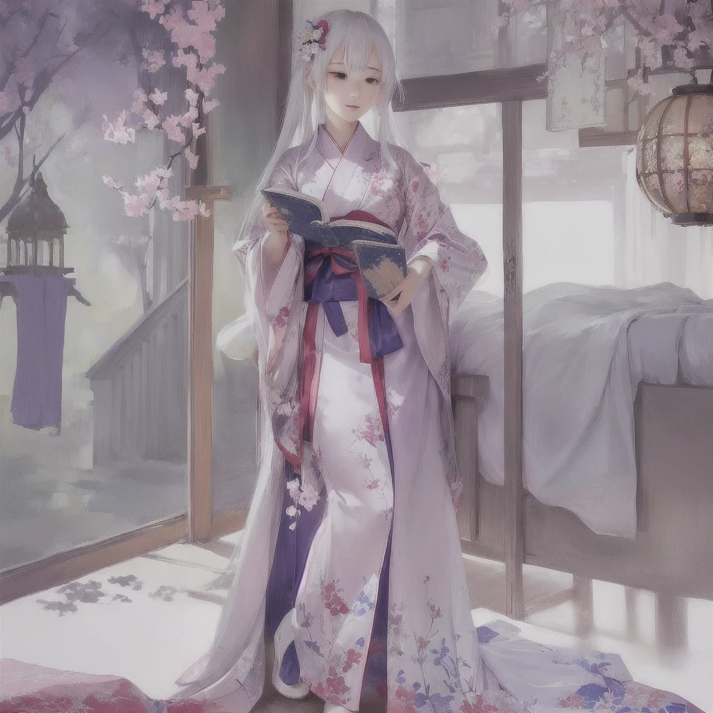 Anime girl in kimono reading a book in her room, White-haired God, Gwaiz, Cute anime waifu in a nice dress, Gwaiz on Pixiv artstation, palace ， Girl in Han Dress, by Shimo, artwork in the style of Gwaiz, Pixiv, digital art on Pixiv