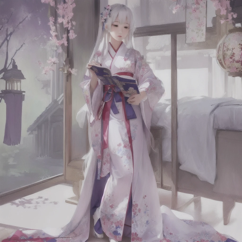 Anime girl in kimono reading a book in her room, White-haired God, Gwaiz, Cute anime waifu in a nice dress, Gwaiz on Pixiv artstation, palace ， Girl in Han Dress, by Shimo, artwork in the style of Gwaiz, Pixiv, digital art on Pixiv