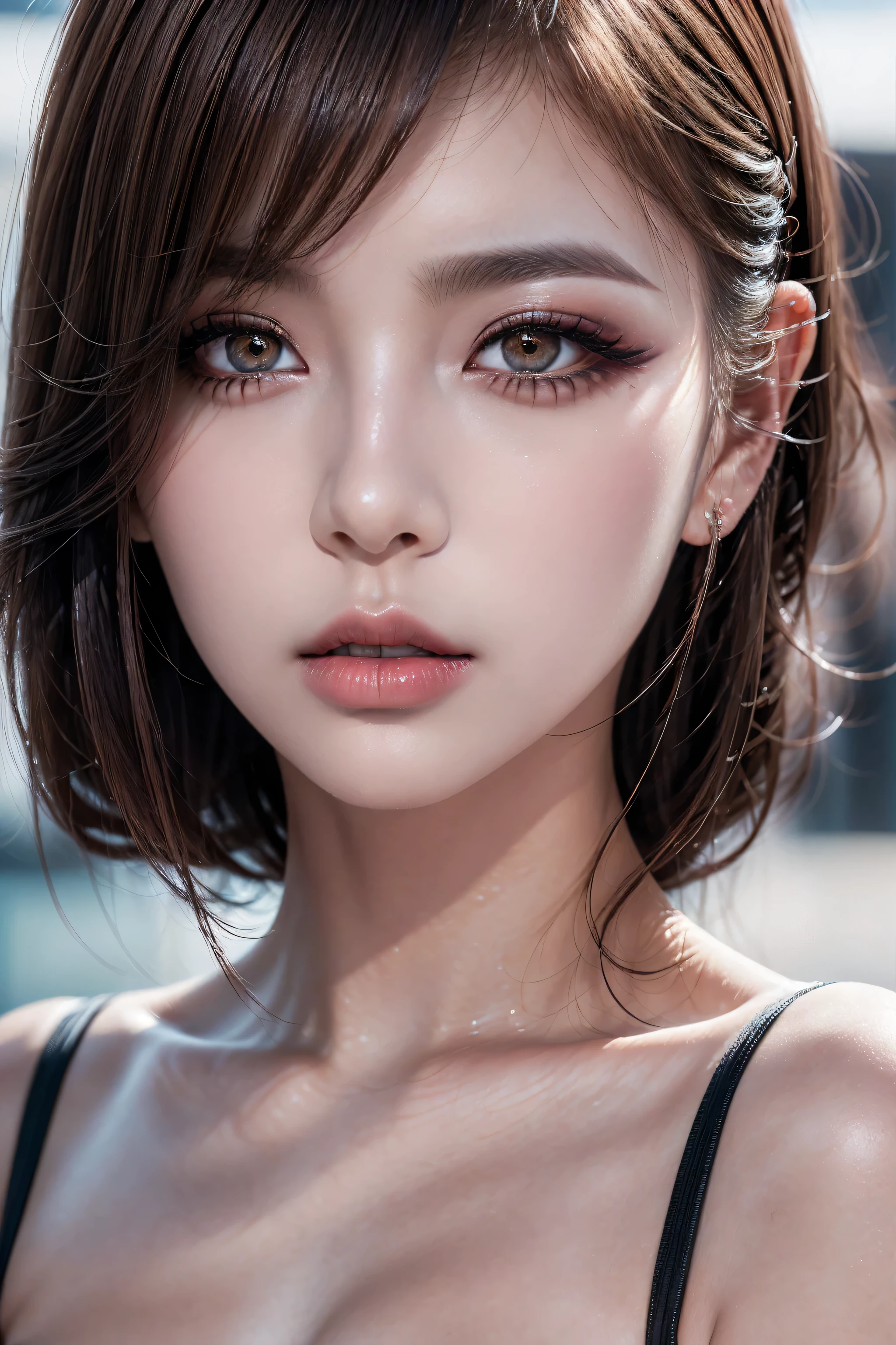 1 woman:1.4, 20-year-old, photorealistic Realism 8K Quality (Ultra high-resRealistic eyes clear sharp absurd quality not blurry\.) face:makeup[(eyes|brown:1.3), (lips|red:1.3):(shadows|dark:1.3)],\ Makeup:1.2,