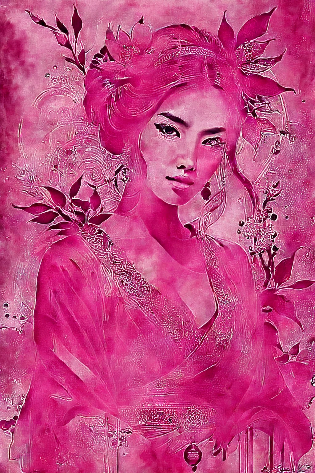 Female portrait in shades of pink mixing styles by John Raymond Garrett, richard corben, Gahan Wilson, featuring detailed facial features with piercing eyes and smooth skin texture, baroque hair style, chiaroscuro lighting, hight contrast, pen and ink, ultra-fine detailing, hard shadows, solar ray tracking, godrays, 8k