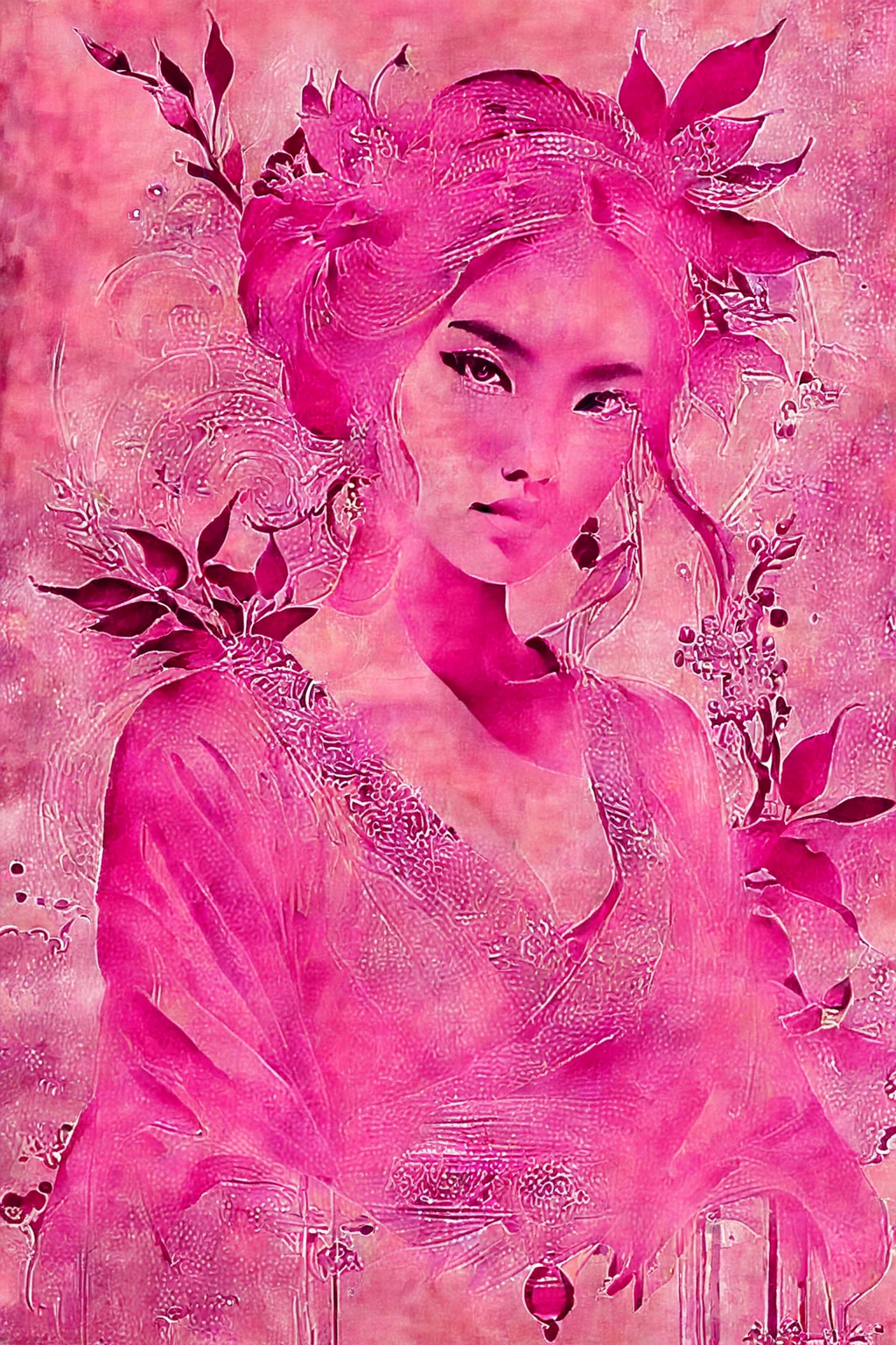 Female portrait in shades of pink mixing styles by John Raymond Garrett, richard corben, Gahan Wilson, featuring detailed facial features with piercing eyes and smooth skin texture, baroque hair style, chiaroscuro lighting, hight contrast, pen and ink, ultra-fine detailing, hard shadows, solar ray tracking, godrays, 8k