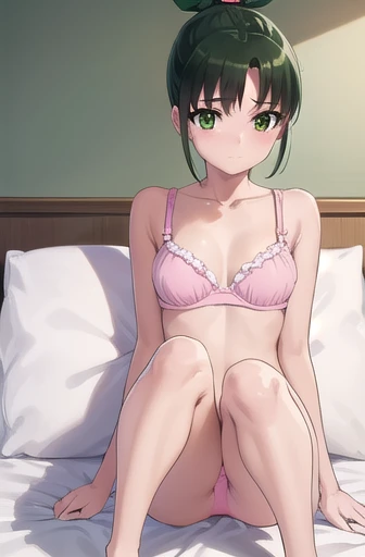 naomidorikawa, Nao Midorikawa, short hair, (Green Eyes:1.3), ponytail, Green Hair, ribbon, hair ribbon, smile, Thighs、Bed、blush、Shame face、(((Cute pink bra:1.3、Cute pink panties)))、break indoors,classroom,Sit on the sofa、(((Hold your knees with both hands)))、
break looking at viewer, Sexy pose、
break (masterpiece:1.2), Highest quality, High resolution, unity 8k wallpaper, (figure:0.8), (Beautiful attention to detail:1.6), Highly detailed face, Perfect lighting, Highly detailed CG, (Perfect hands, Perfect Anatomy),