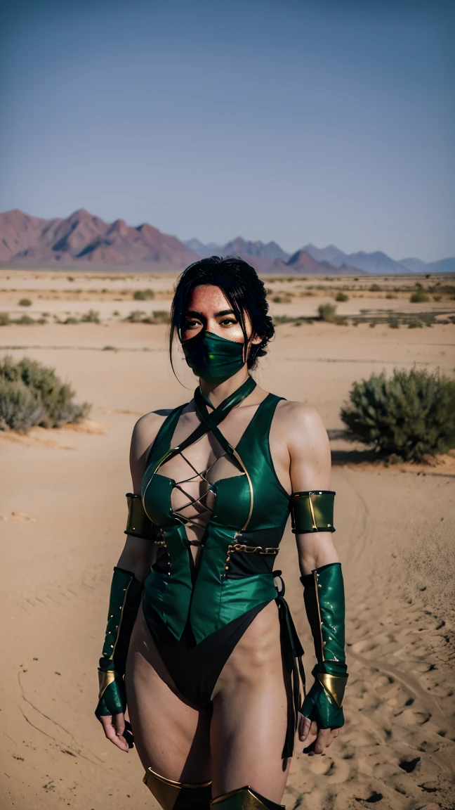 (Highest quality, Ultra HD, 16k, Masterpiece:1.2) A female warrior, Jade from Mortal kombat, embodying a fierce and formidable presence, stands in a desert landscape under a starry sky. The scene is set against a barren, desolate background, with cinematic lighting enhancing the dramatic and intense atmosphere. The warrior, armed and dangerous, dons a striking battle-ready costume with a green and gold color scheme, exuding a sense of raw, untamed power. Her outfit includes a tightly laced bodice that accentuates her muscular physique, with intricate golden trim highlighting the contours. The bodice is designed for both mobility and protection, exposing her powerful abdominal muscles while offering robust support. She wears long, green gloves with gold accents, extending up to her elbows, adding an extra layer of defense and style. Her lower attire consists of high-cut, form-fitting briefs that allow for maximum agility, also adorned with golden edges to match the bodice. Straps crisscross her chest, adding both functionality and an additional layer of intricate design to her ensemble. A pair of sturdy, high boots, similarly green with gold trim, completes her outfit, offering both protection and a firm grip on the rugged terrain. Her face is partially concealed by a sleek, green mask that covers her nose and mouth, adding an air of mystery while protecting her from the harsh desert elements. Her black hair is tied back in a no-nonsense style, keeping it out of her face and emphasizing her determined, focused gaze. As she stands in the arid wasteland, the background is illuminated by the fading light of dusk, with rocky outcrops and distant mountains silhouetted against the sky. The sky above is a mix of deep blues and purples, dotted with stars, casting a serene yet foreboding light over the scene. The overall composition emphasizes the stark contrast between the warrior's dark, armored attire and the bright, expansive desert environment.