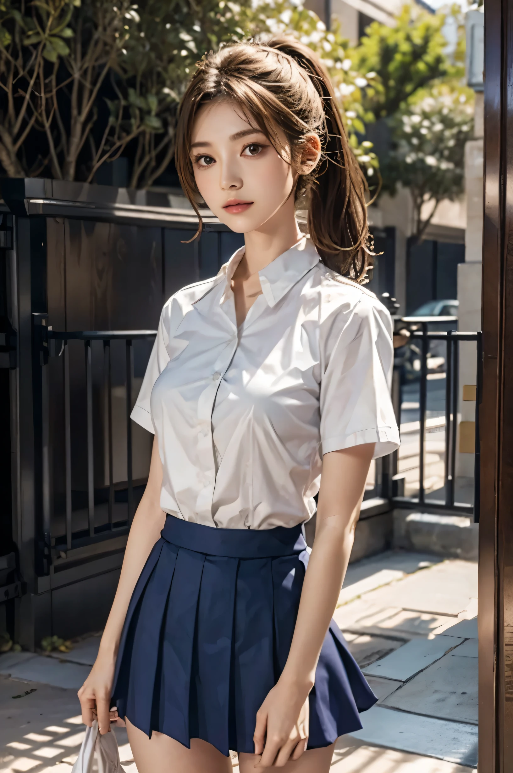 (Ultra HD), (Sailor suit:1.4, White short sleeve shirt, Navy blue mini skirt), Big Breasts, slender, whole body, Standing posture, (Clean and shiny skin, Whitening, No makeup), (Super slim face, Super beautiful face), (Light Brown Ponytail, Layered Cut, Fluffy hair), (double eyelid, Slanted Eyes), Small Nose, Thin lips, Thin legs, school gate