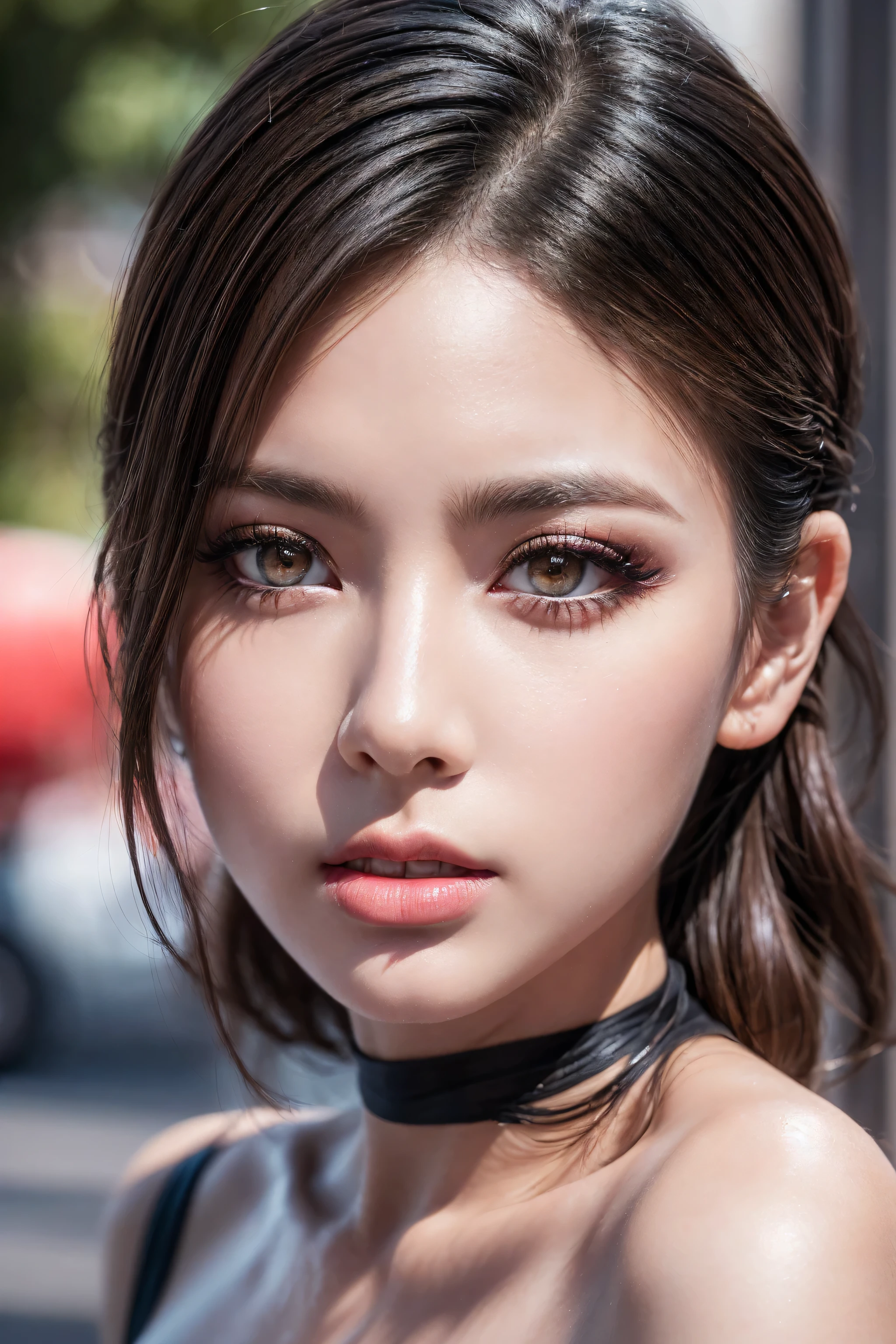 1 woman:1.4, 20-year-old, photorealistic Realism 8K Quality (Ultra high-res Realistic eyes clear sharp absurd quality not blurry\.) face:makeup[(eyes|brown:1.3), (lips|red:1.3):(shadows|dark:1.3)],\ Makeup:1.2,
