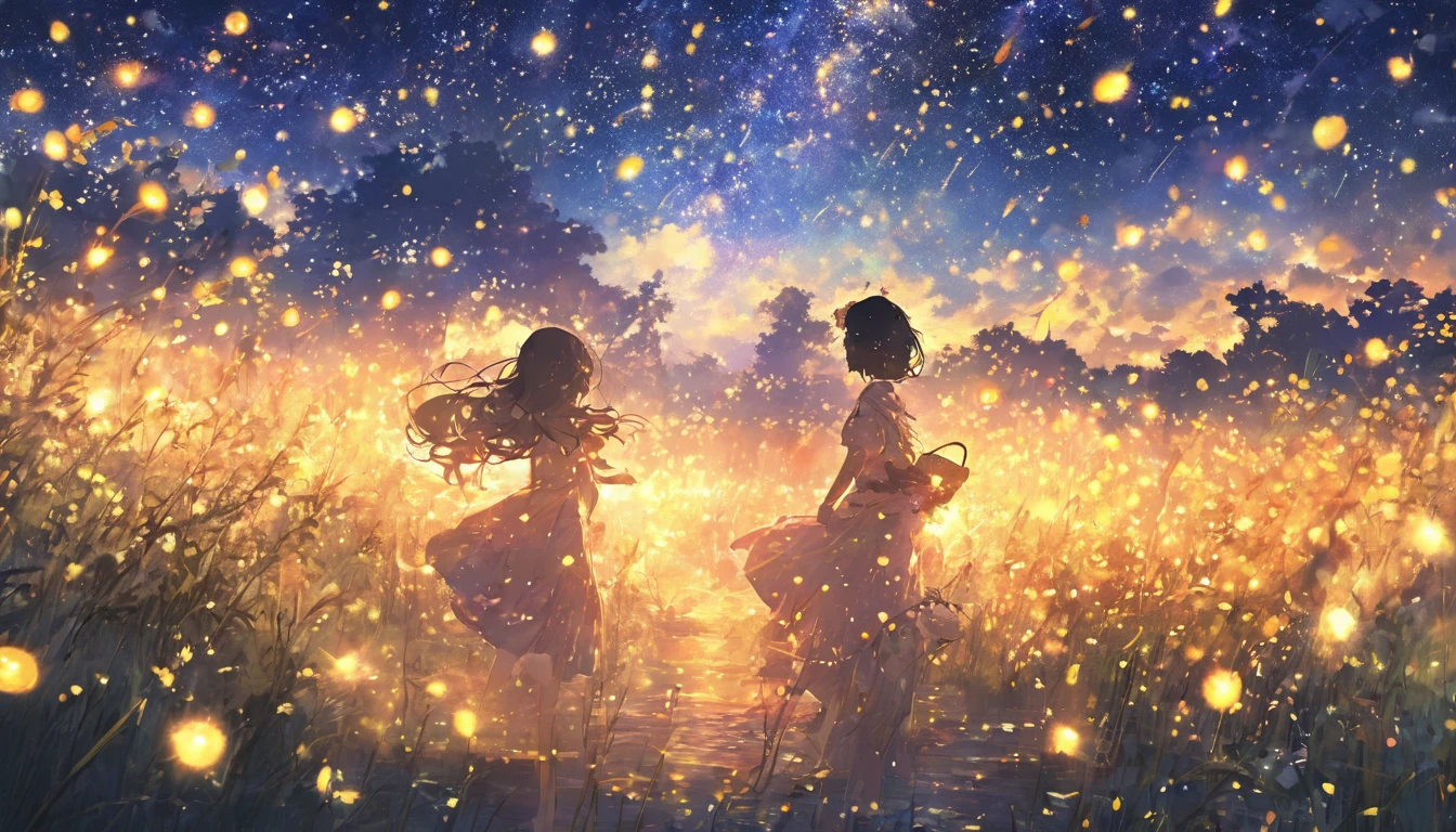 "Immerse yourself in a stunning anime-inspired landscape, where the starry night sky is brought to life by the mesmerizing dance of fireflies, creating a truly unique and visually captivating experience."