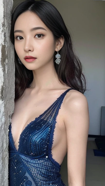 Anime-style woman, thin, thin, whole body, Full of tattoos, Lots of earrings, Beautiful and shiny hair, Rainbow Eyes, Slanted Eyes, Wavy Hair, Kind and charming, shoulderを露出させる, Delicate and sexy collarbone, Attractive oval face, double eyelid, Pink Lips, Small Nose, Concentrated face, Ultra-high resolution, Very detailed, Graceful posture, Nice, ultra-thin, See through, dark blue,Solo mesh dress with lots of rhinestones,(arm、shoulder、Tribal tattoo pattern body paint on chest),Glowing Skin, Realistic Background, sunlight,(From below:1.3),(Looking down, Display in viewer:1.3)