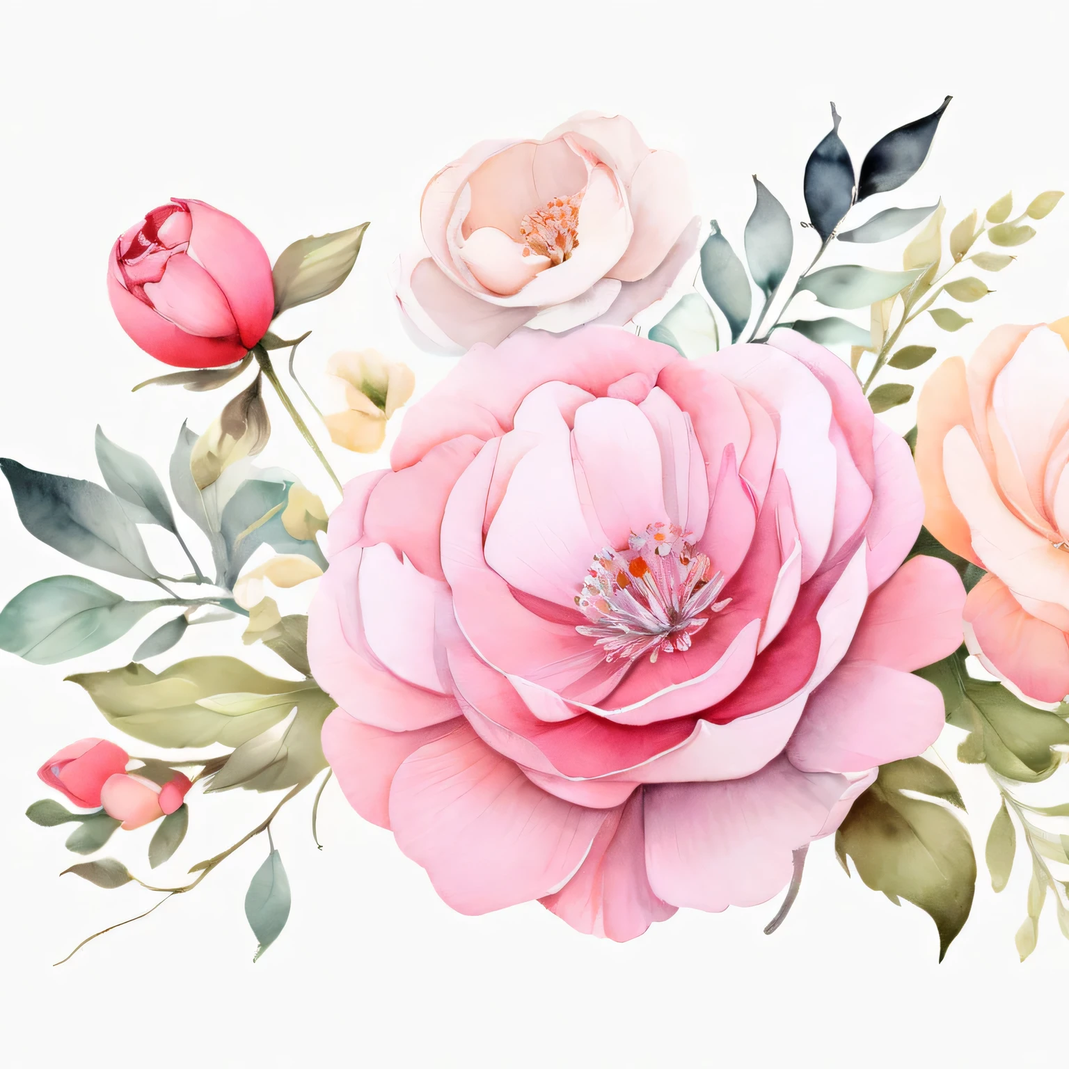 there is a watercolor painting of a bouquet of flowers, watercolor painting style, high quality watercolor, elegant flowers, blooming flowers, pink flowers, flower, flowers and blossoms, decorative roses, floral renewal, watercolor style, Watercolor illustration style, floral design, detailed flowers, pastel roses, DIY, watercolor painting, roses, stylized flowers, floral, floral ornaments