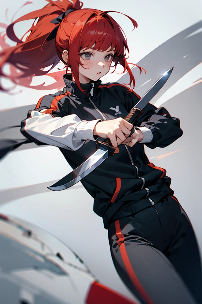 Girl with red hair ponytail with bangs and gray eyes, Black tracksuit, Holding a knife