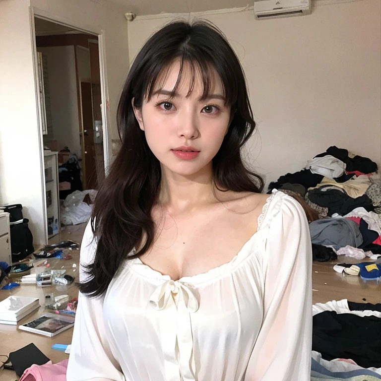 Highest quality、8k、masterpiece、Realistic, Sharp focus, High resolution, High resolution, Portraiture, alone, Japanese, Beautiful woman, On From,((Dynamic pose)),Blouse with cleavage visible, Glamour body,(Cluttered Background, Messy room:1.3), Dark Background