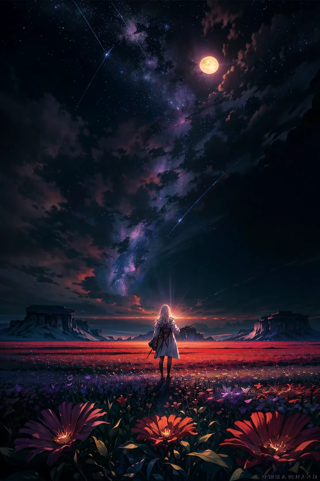 expansive landscape photography, (a bottom view showing the sky above and open country below), a girl standing in a field of flowers looking up, (full moon: 1.2), (shooting stars: 0.9), (nebula : 1.3), distant mountain, BREAK tree production art, (warm light source: 1.2), (Firefly: 1.2), lamp, lots of purple and orange, intricate details, volumetric lighting, BREAK realism (masterpiece: 1.2) , (best quality), 4k, ultra-detailed, (dynamic compositing: 1.4), highly detailed, colorful details, (iridescent colors: 1.2), (bright lighting, atmospheric lighting), dreamy, magical, (solo: 1.2)